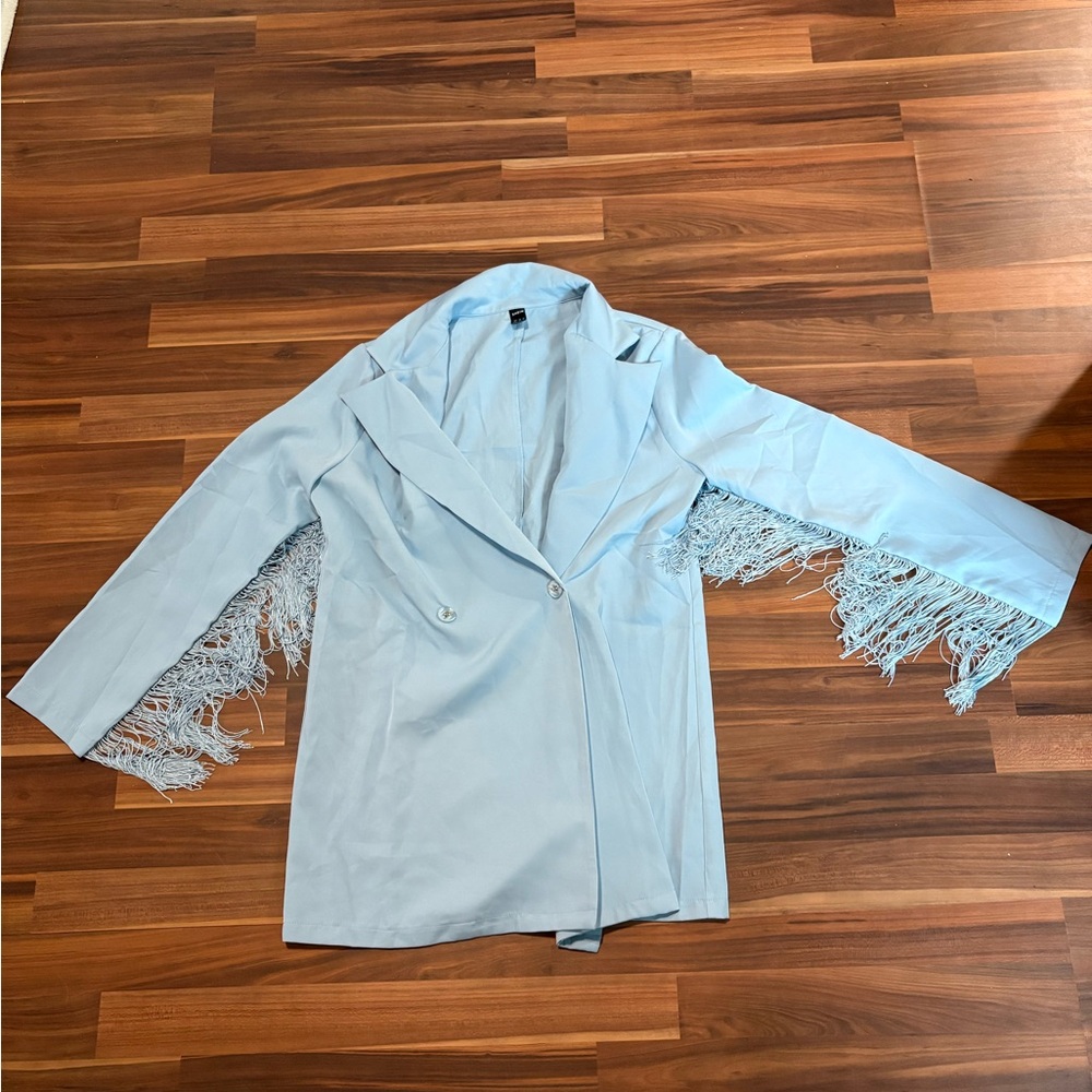 Light Blue Women's Jacket with Fringe Detail western style